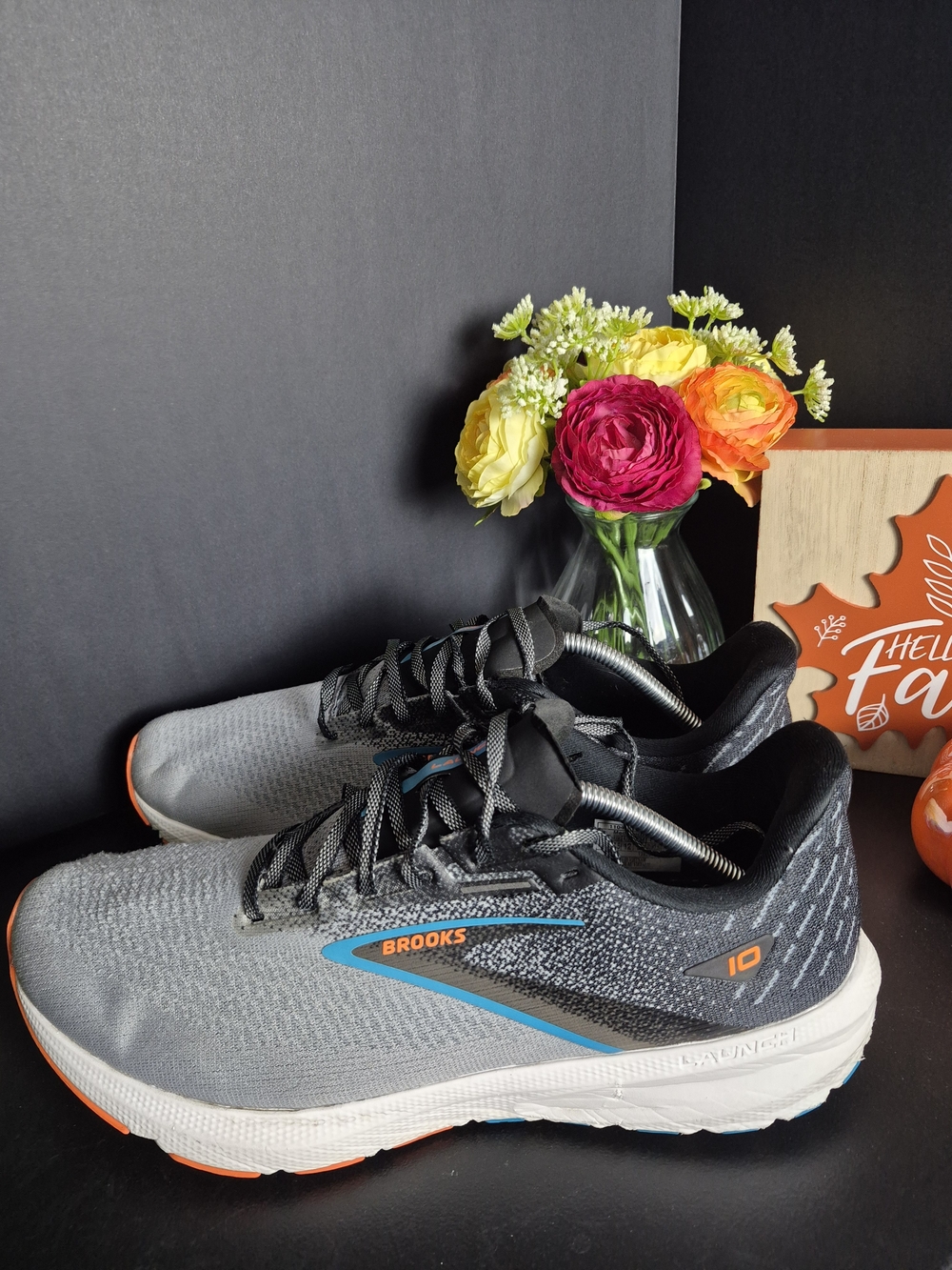 Brooks Men's Gray and Black Running Shoes with Orange Accents.Size 13